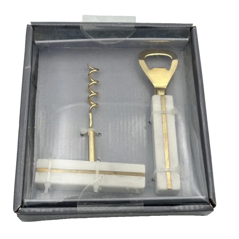 Simple Dining Marble Bar Tools Set of 2 Corkscrew Bottle Wine Opener White/ Gold